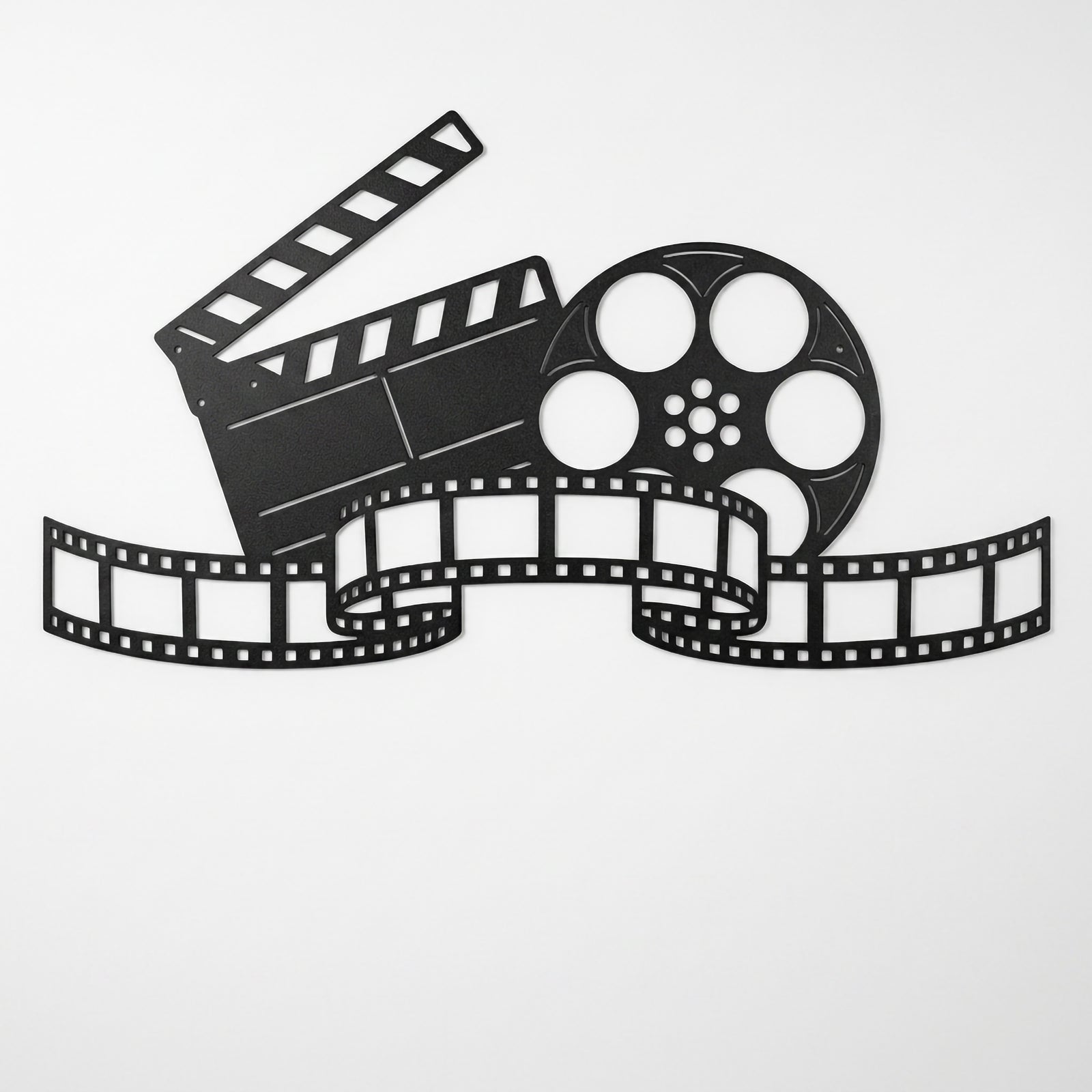 Black metal movie reel wall sign with film strip and director clapper design