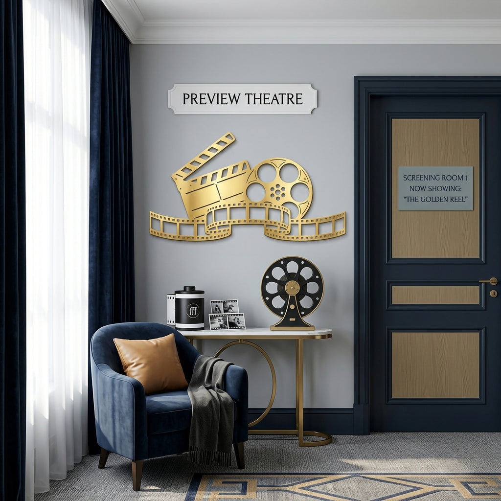 Gold cinema themed metal wall decor displayed in luxury theater room