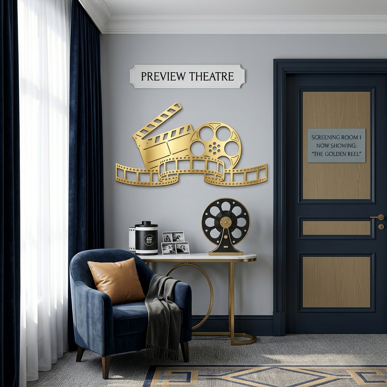 Gold cinema themed metal wall decor displayed in luxury theater room