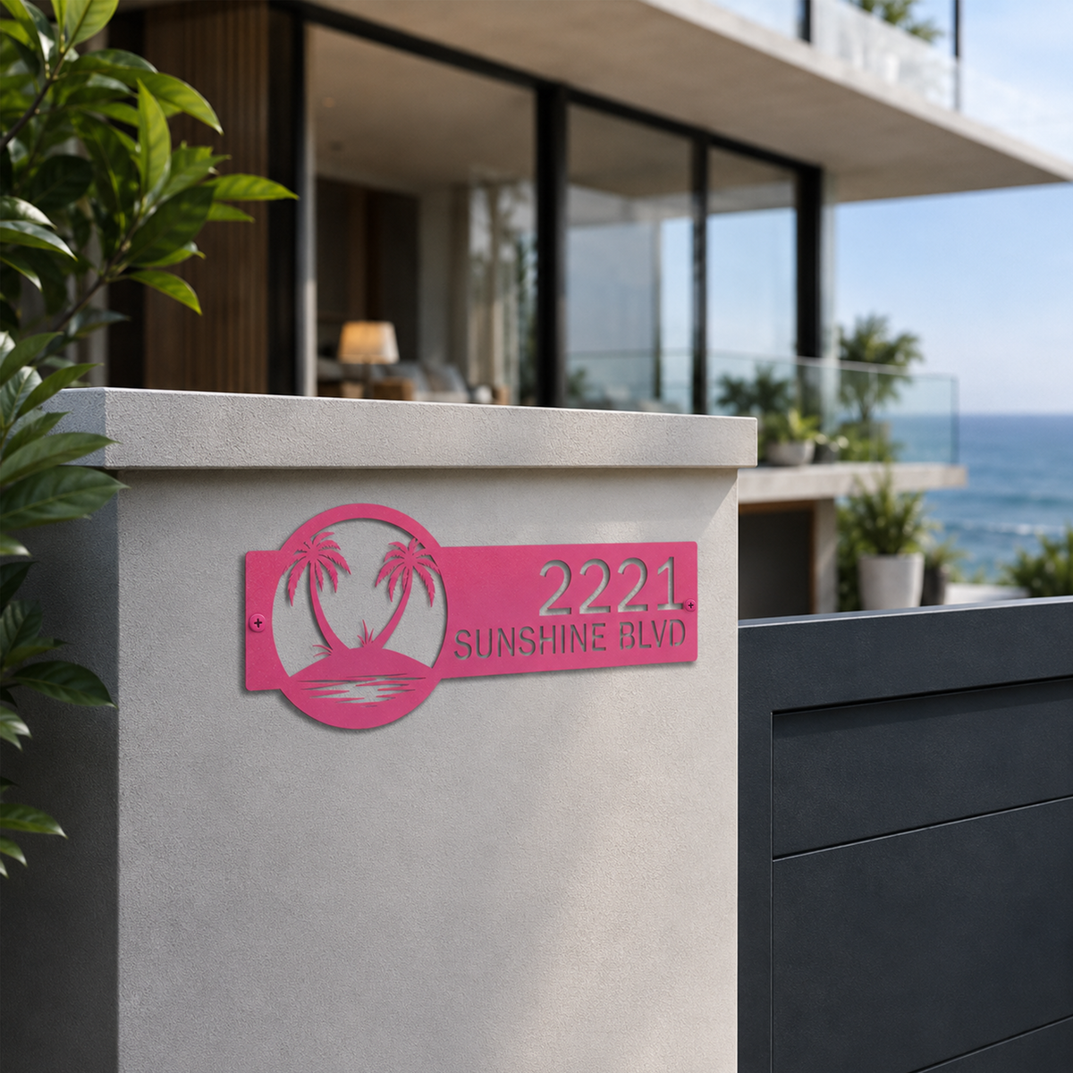 Hot pink tropical palm tree metal address plaque with custom house numbers mounted on modern coastal home wall