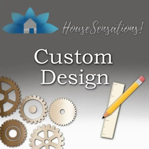 House Sensations logo featuring gears, pencil, and ruler on gray background, representing custom design, craftsmanship, and metal sign creation