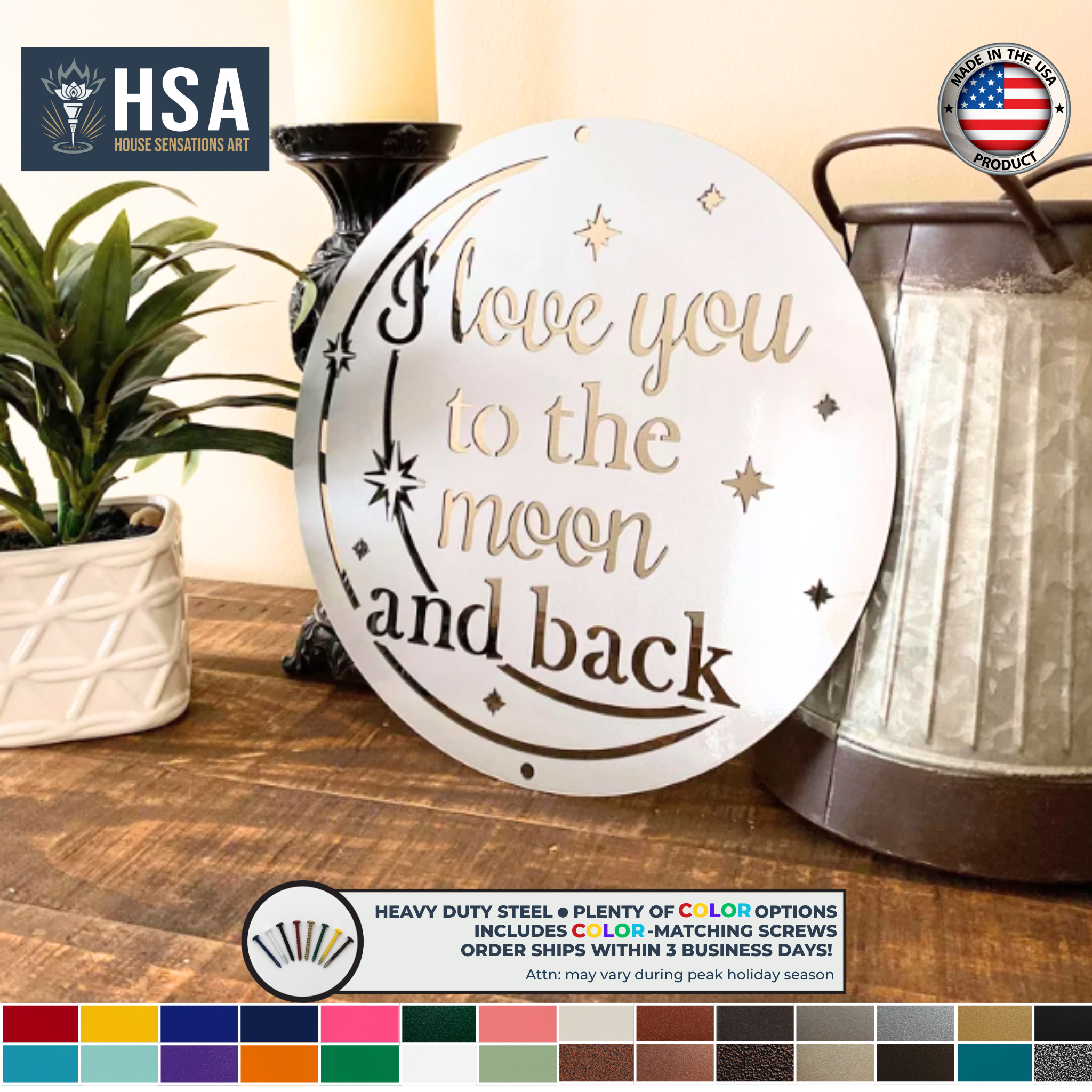 White round metal sign with moon stars and I love you to the moon and back quote displayed on rustic wood table for romantic home decor gift