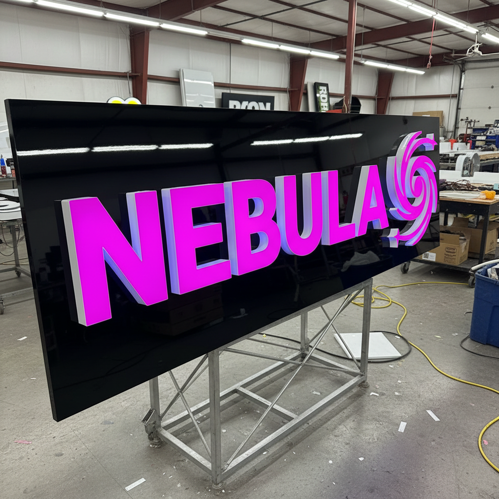 Workshop image showing a large “NEBULA” sign in pink and white text, highlighting custom channel letter signage production.