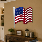 Metal American flag wall decor displayed above wooden console table in cozy farmhouse living room
