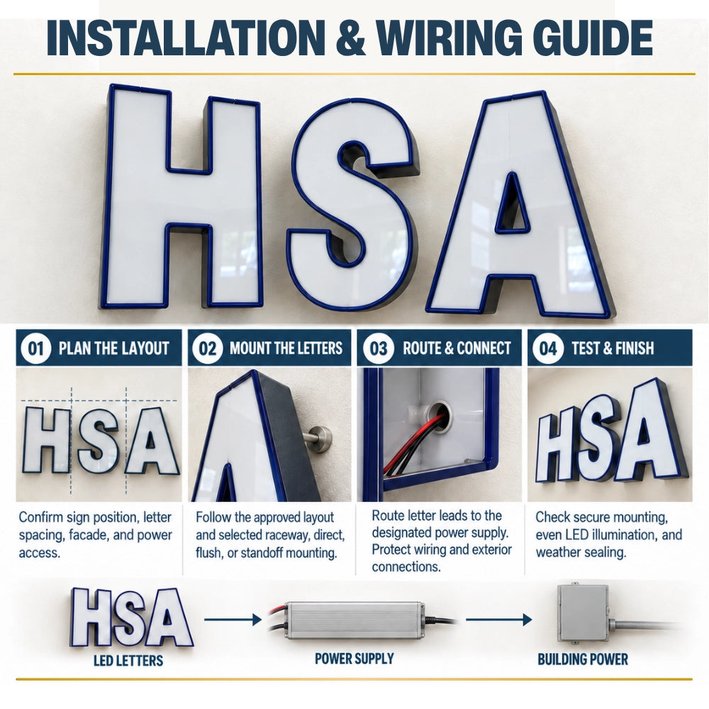 Installation and wiring guide for 3D illuminated channel letters