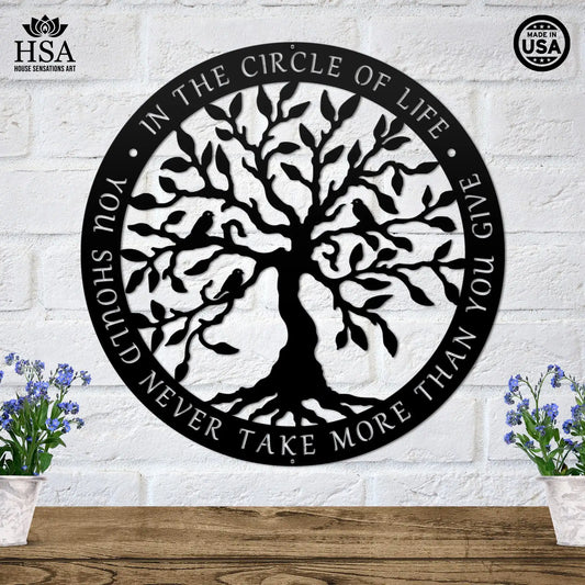 Tree of Life Metal Wall Decor Sign featuring a laser-cut tree and birds, with an inspiring quote. Customizable, durable steel, ideal for home or office decor, suitable for both indoor and outdoor use.