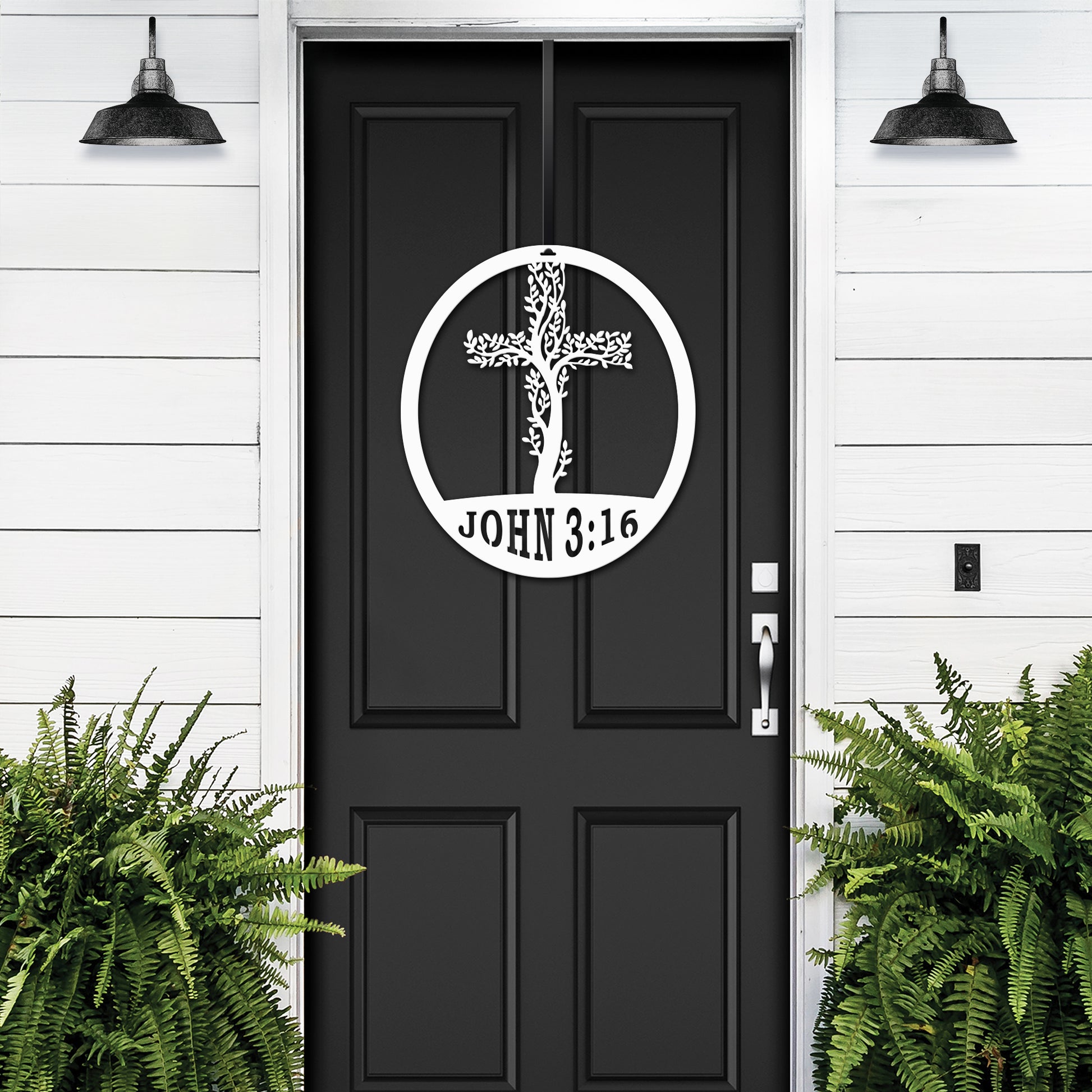 Living Tree Cross with John 3:16 Scripture Established Sign, featuring a white cross and tree branches, displayed on a black door. Ideal for personalized home or garden décor.