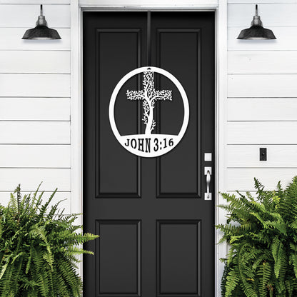 Living Tree Cross with John 3:16 Scripture Established Sign, featuring a white cross and tree branches, displayed on a black door. Ideal for personalized home or garden décor.