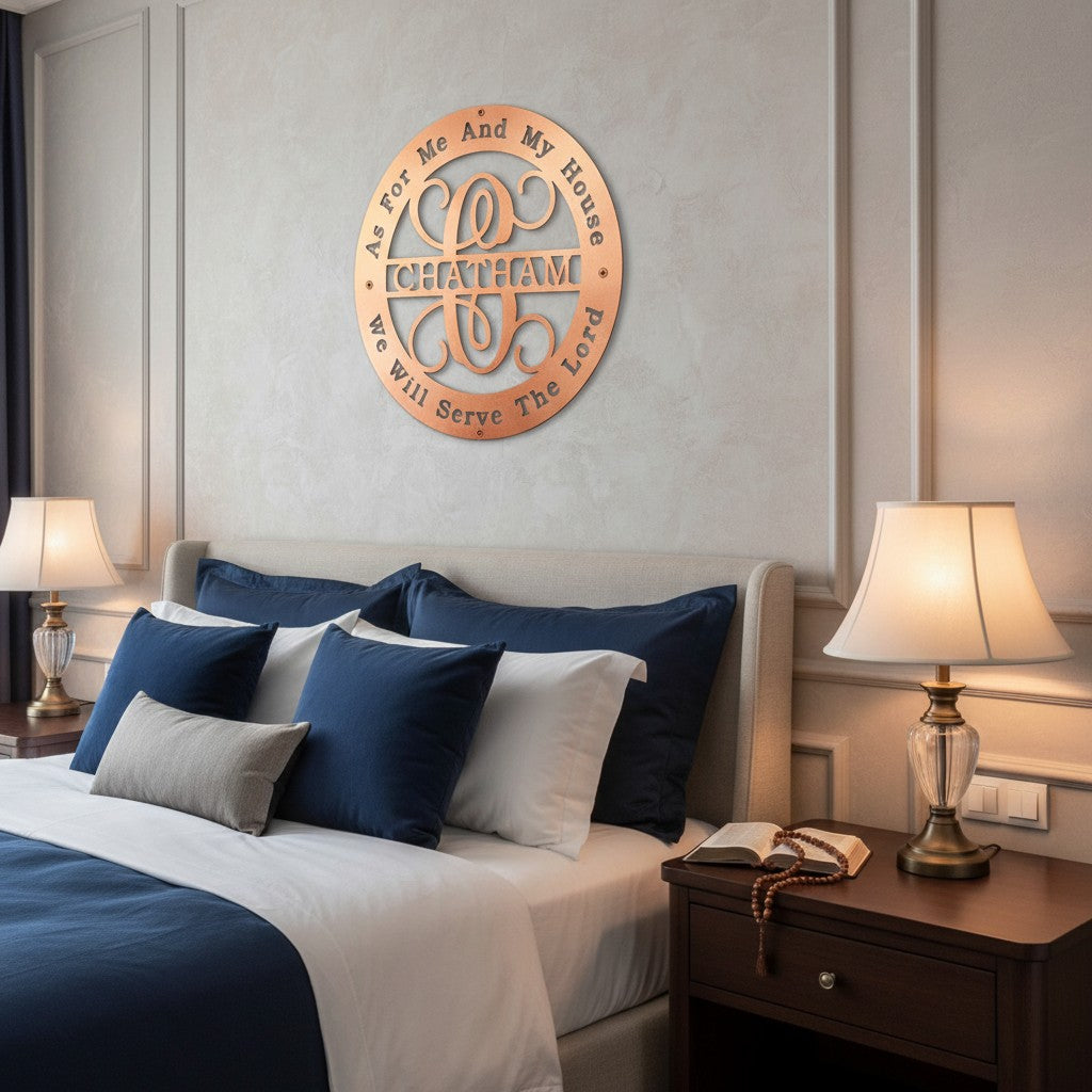 A circular metal scripture sign with an elegant polished copper finish displaying the family name "CHATHAM" and the verse "As For Me And My House We Will Serve The Lord." It is styled in a luxury bedroom, mounted on a light gray panel wall above a tufted beige headboard flanked by two glass bedside lamps.