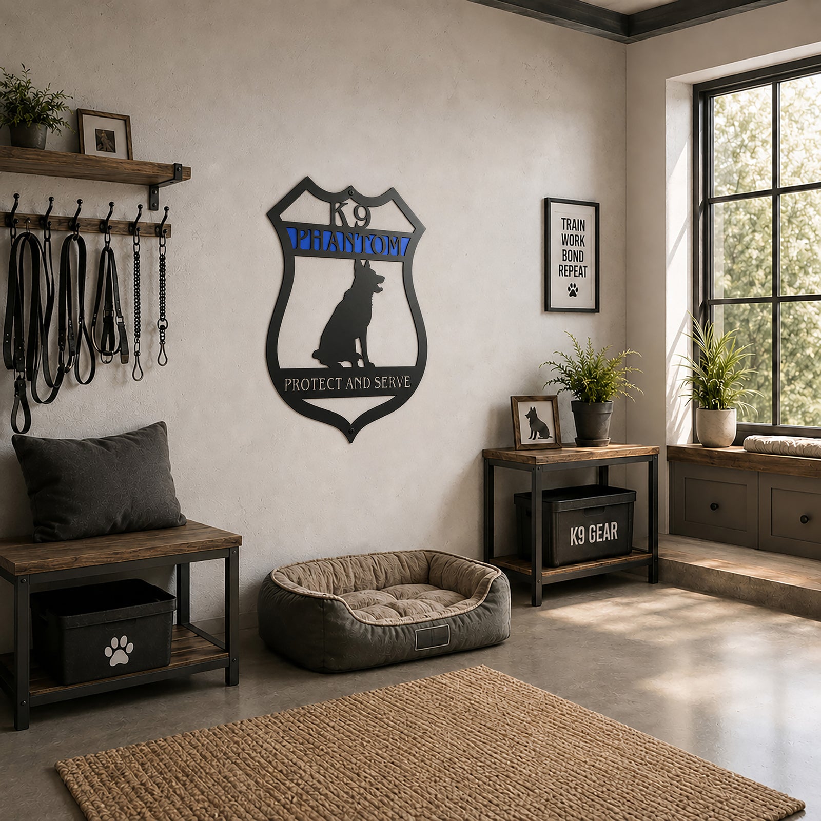 Custom K9 Phantom metal wall art featuring a German Shepherd silhouette displayed in a K9 training-themed room with dog gear and rustic furnishings.