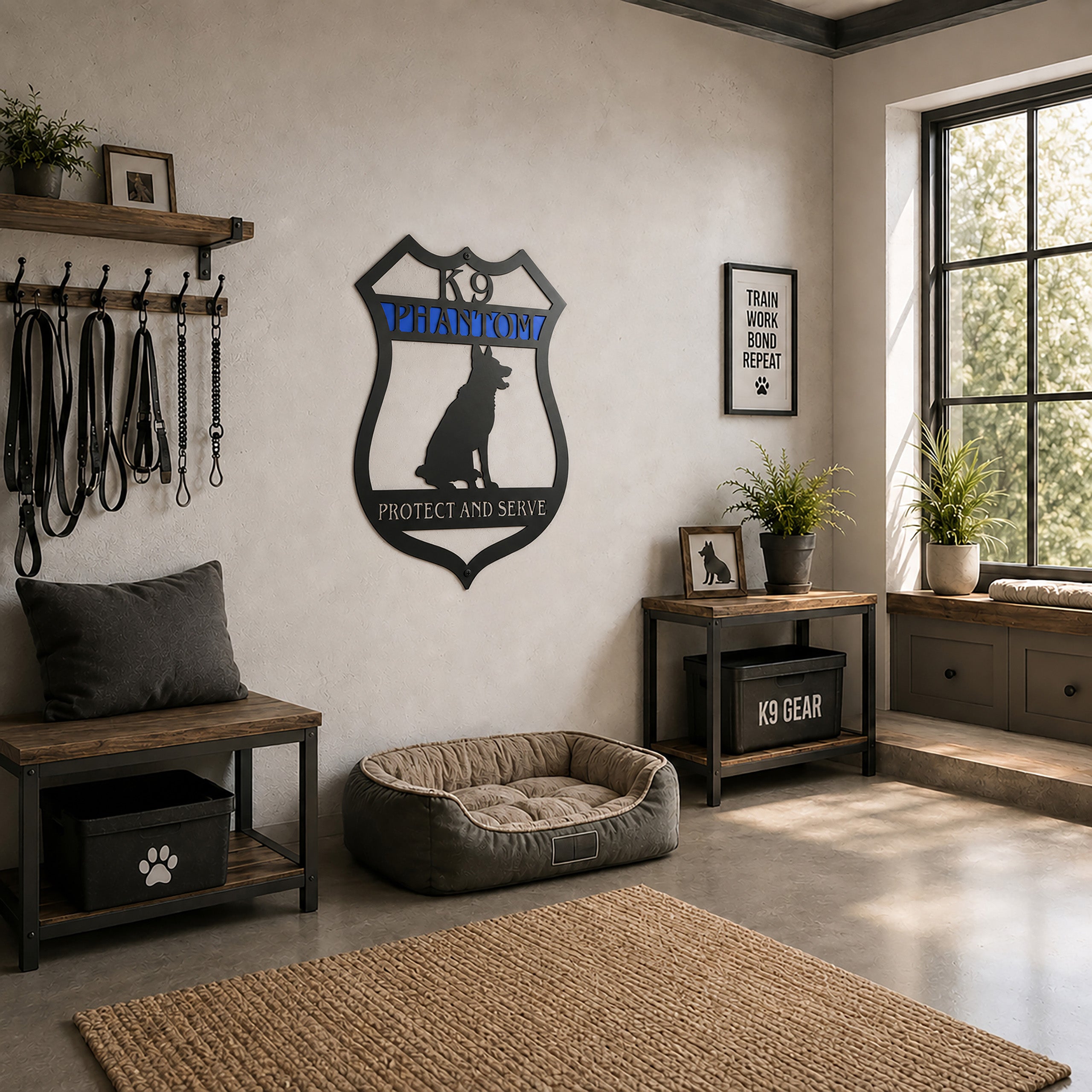 Custom K9 Phantom metal wall art featuring a German Shepherd silhouette displayed in a K9 training-themed room with dog gear and rustic furnishings.
