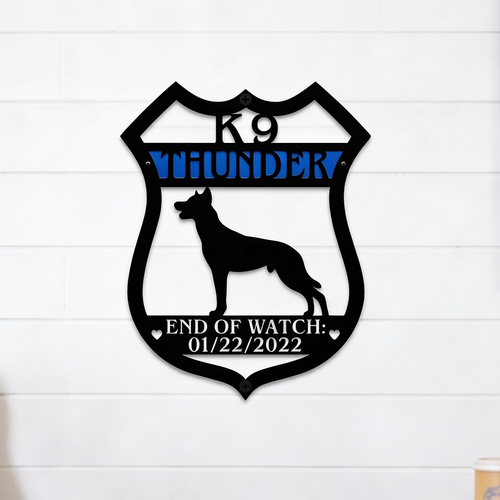 K9 Thunder K9 memorial metal wall art displayed in modern office space