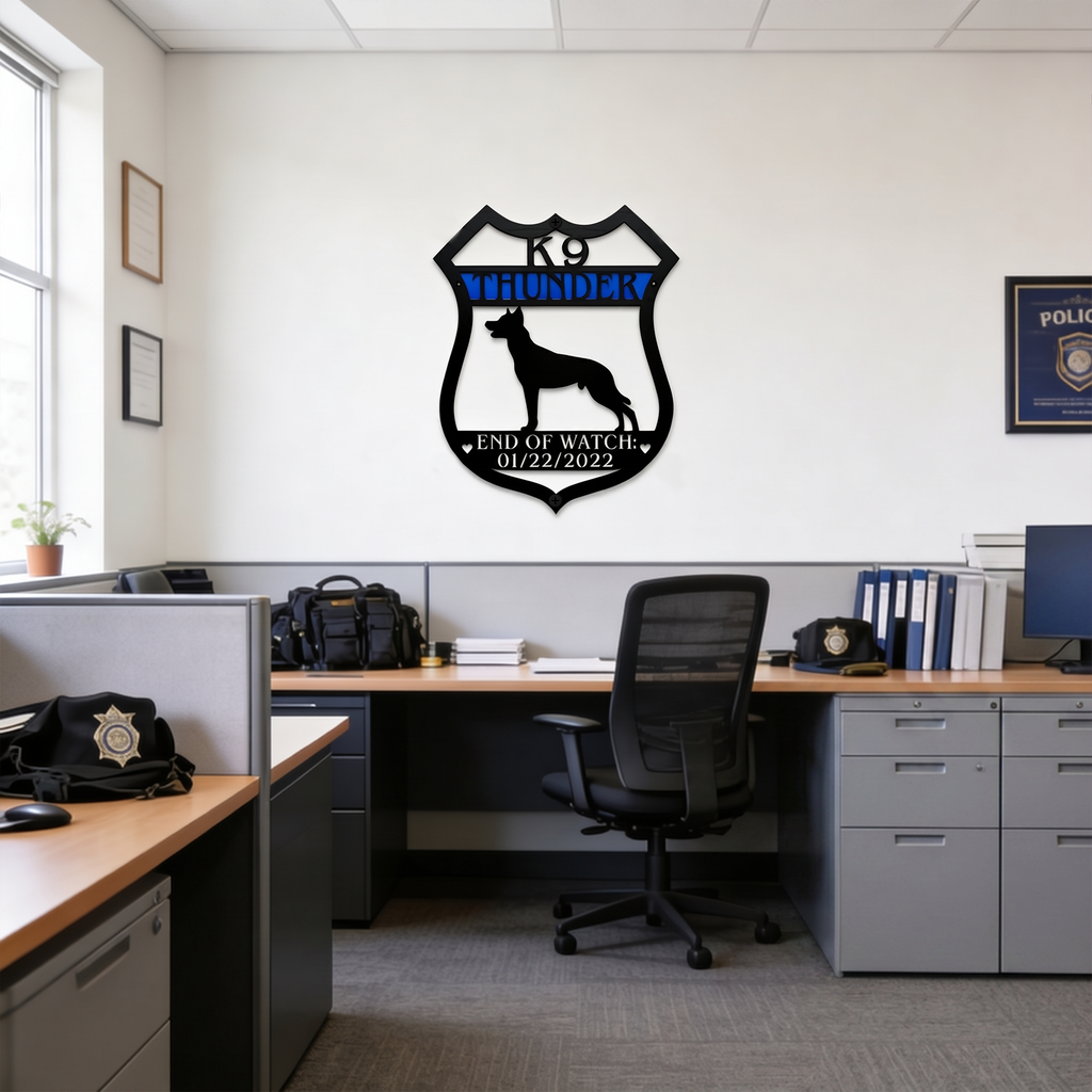 K9 Thunder custom dog memorial metal sign displayed in police office