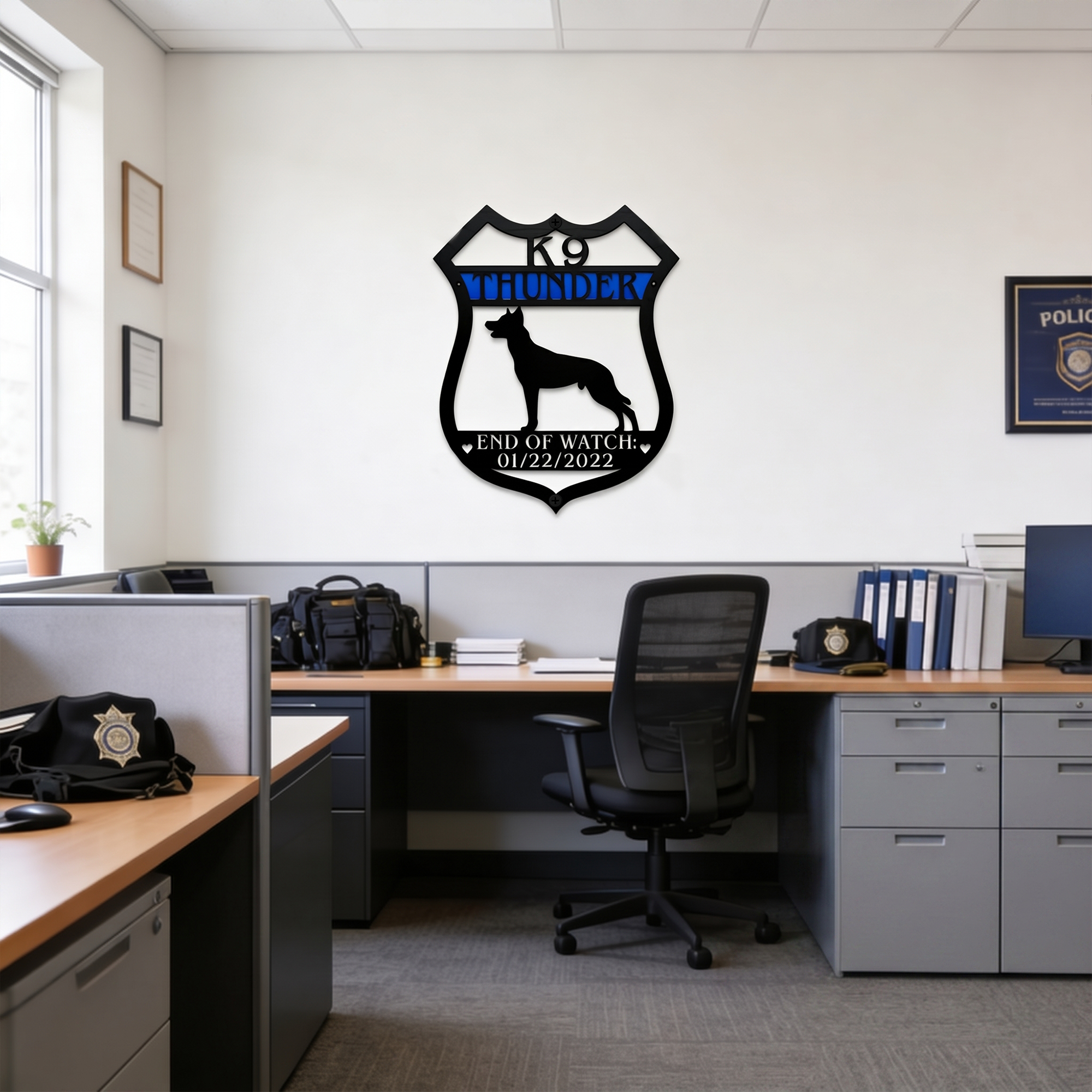 K9 Thunder custom dog memorial metal sign displayed in police office