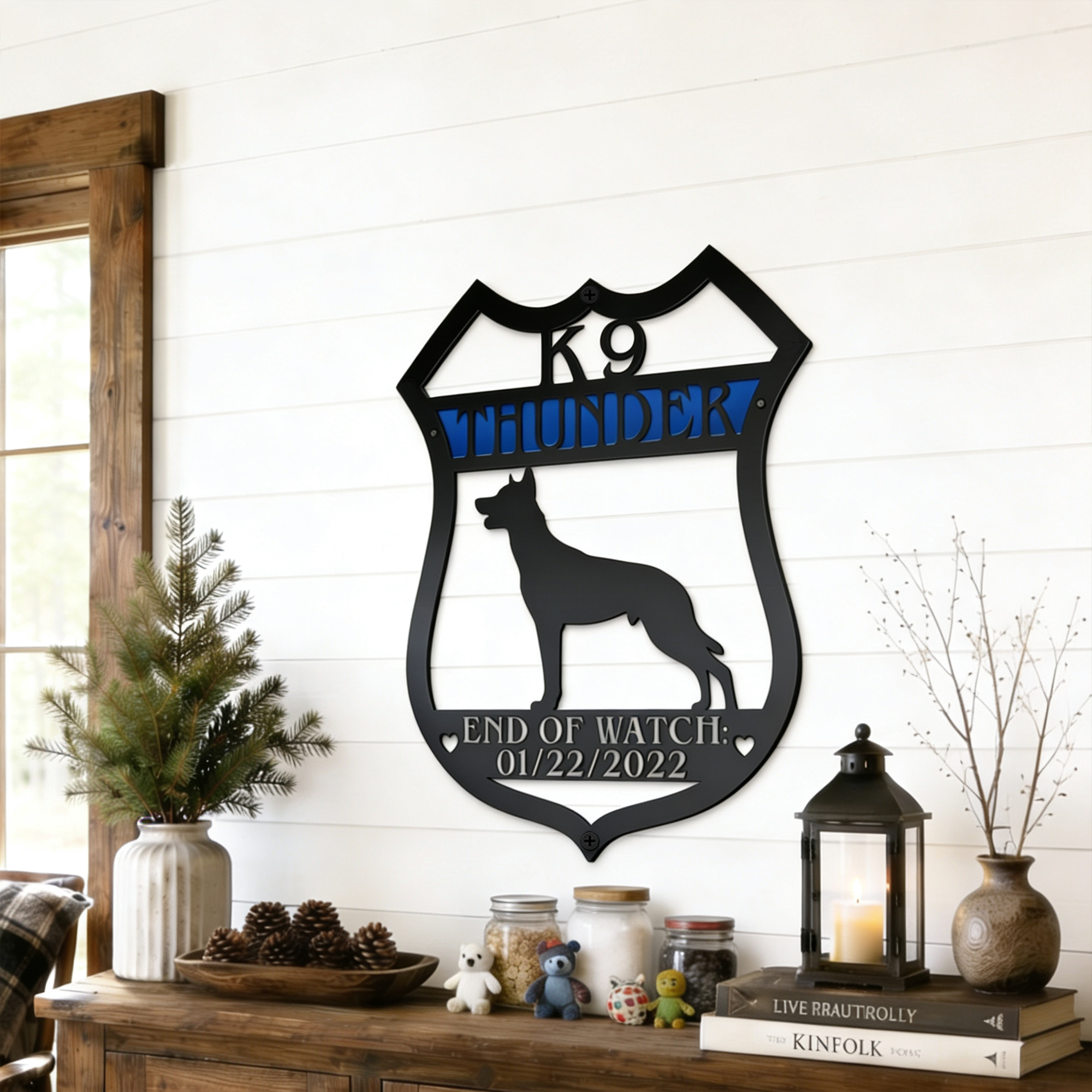 K9 Thunder memorial metal wall sign displayed in cozy farmhouse decor