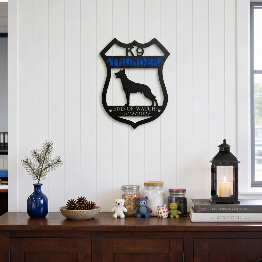 K9 Thunder police dog tribute metal wall decor displayed on white wall