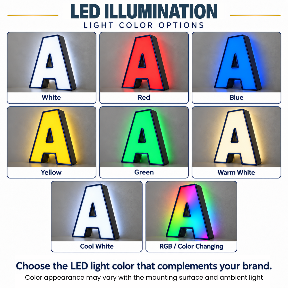LED illumination and light color options for commercial channel letter signs