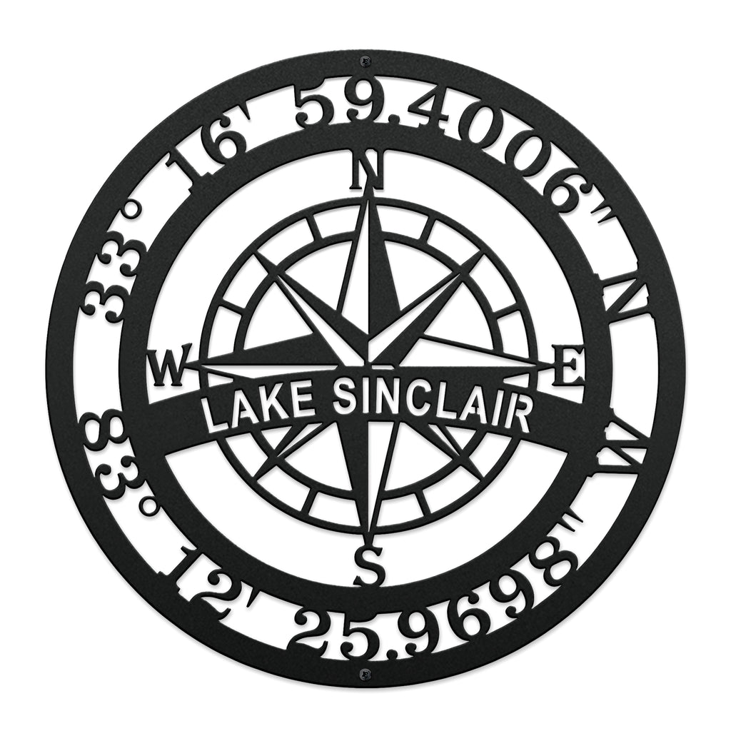 Custom Lake Sinclair compass coordinates metal sign featuring nautical compass rose and personalized latitude longitude coordinates on white background