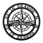 Custom Lake Sinclair compass coordinates metal sign featuring nautical compass rose and personalized latitude longitude coordinates on white background