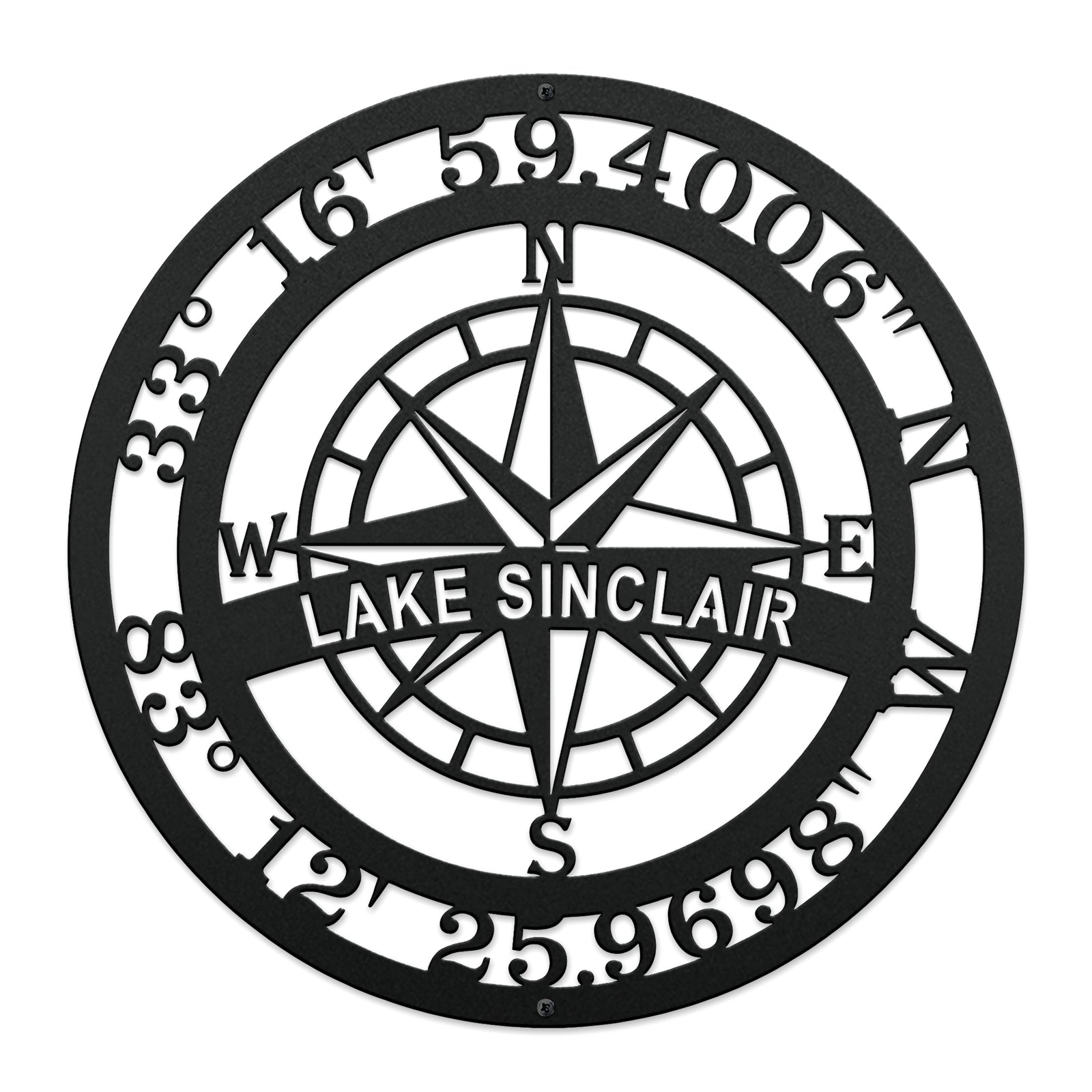 Custom Lake Sinclair compass coordinates metal sign featuring nautical compass rose and personalized latitude longitude coordinates on white background
