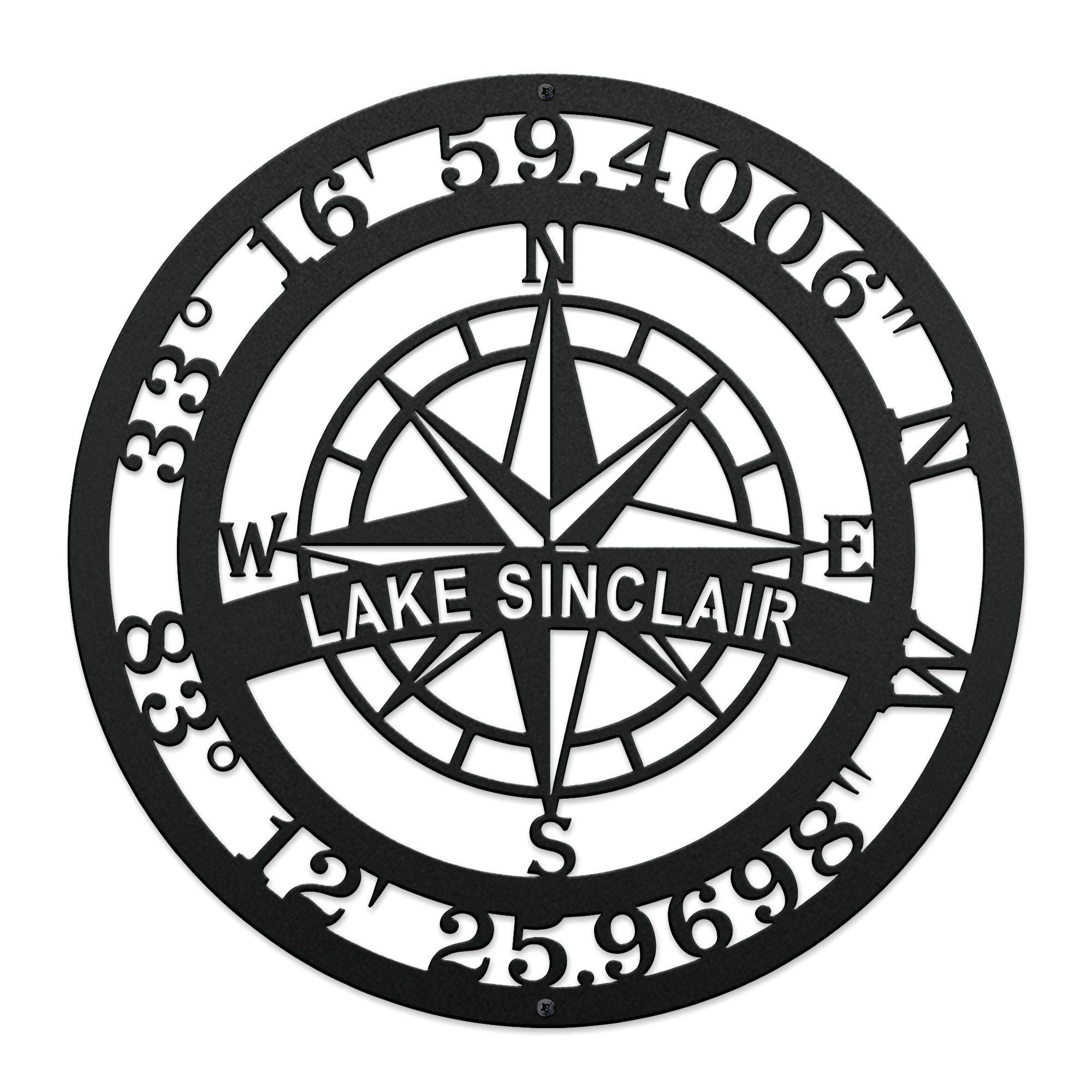 Custom Lake Sinclair compass coordinates metal sign featuring nautical compass rose and personalized latitude longitude coordinates on white background