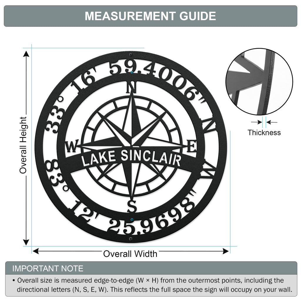 Measurement guide for personalized Lake Sinclair compass metal wall sign with custom GPS coordinates and compass rose design in black powder coated steel