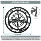Measurement guide for personalized Lake Sinclair compass metal wall sign with custom GPS coordinates and compass rose design in black powder coated steel