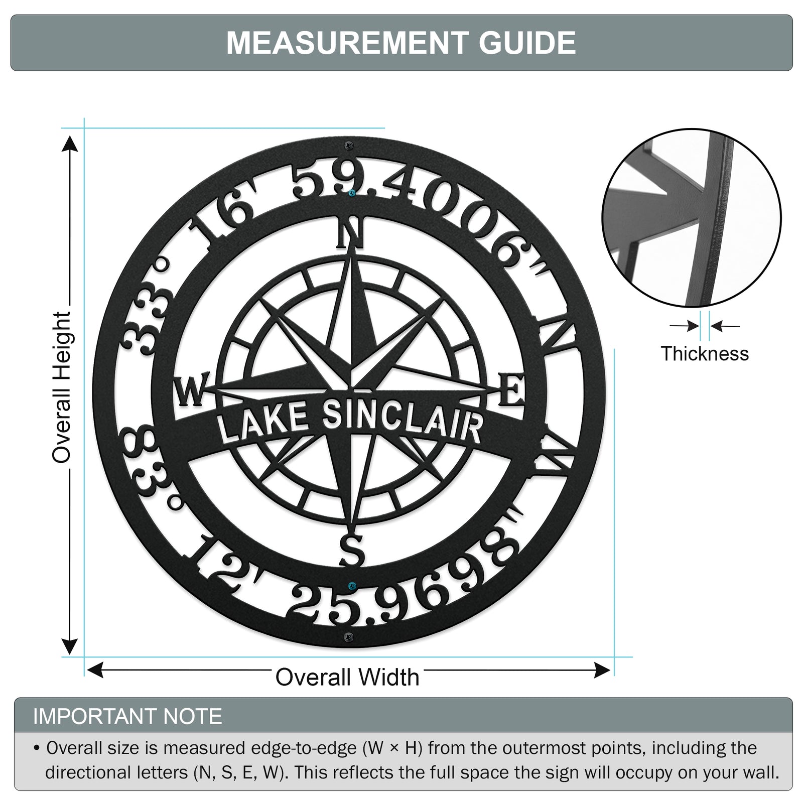 Measurement guide for personalized Lake Sinclair compass metal wall sign with custom GPS coordinates and compass rose design in black powder coated steel