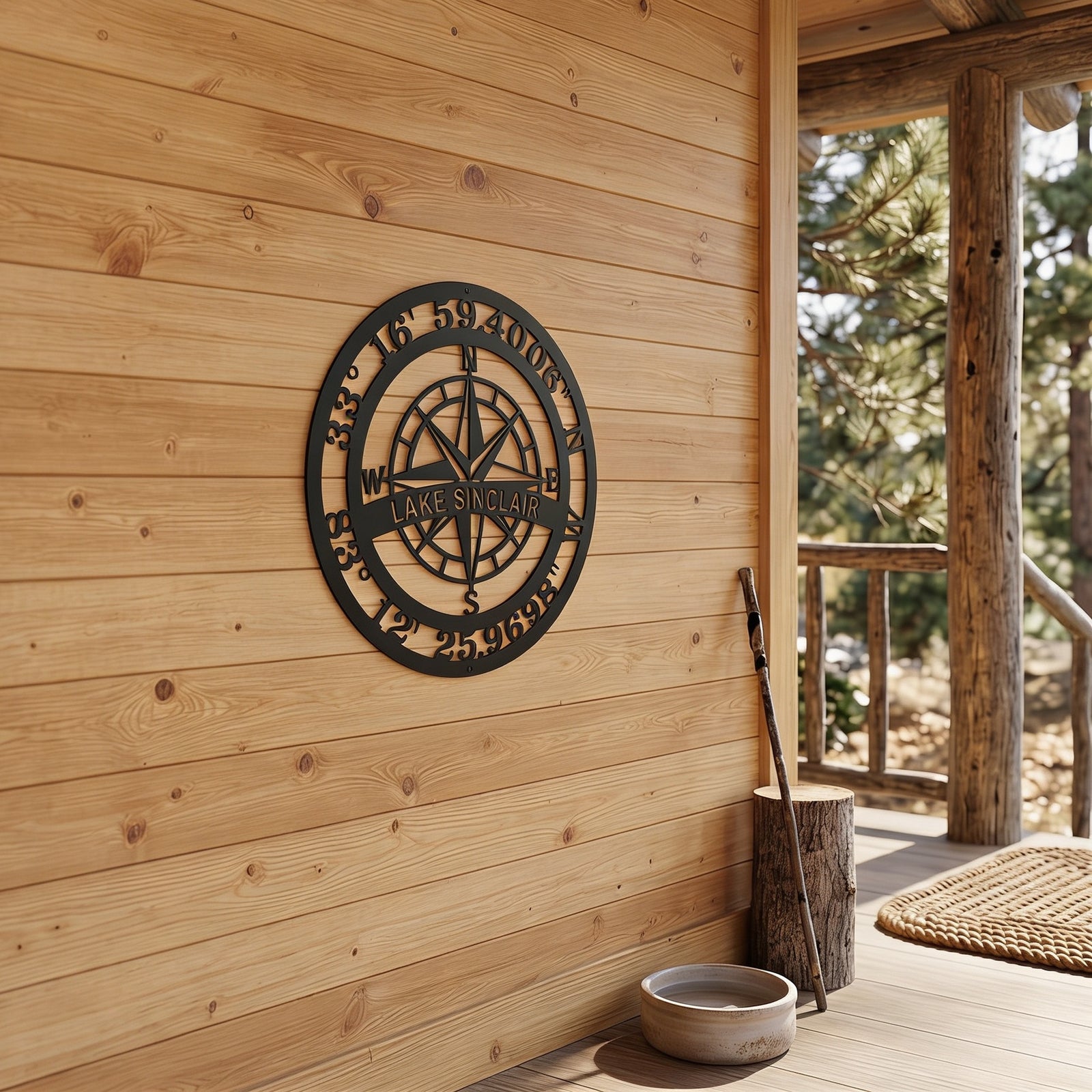 Personalized Lake Sinclair compass metal wall art displayed on rustic wooden porch wall with custom coordinates and nautical compass design