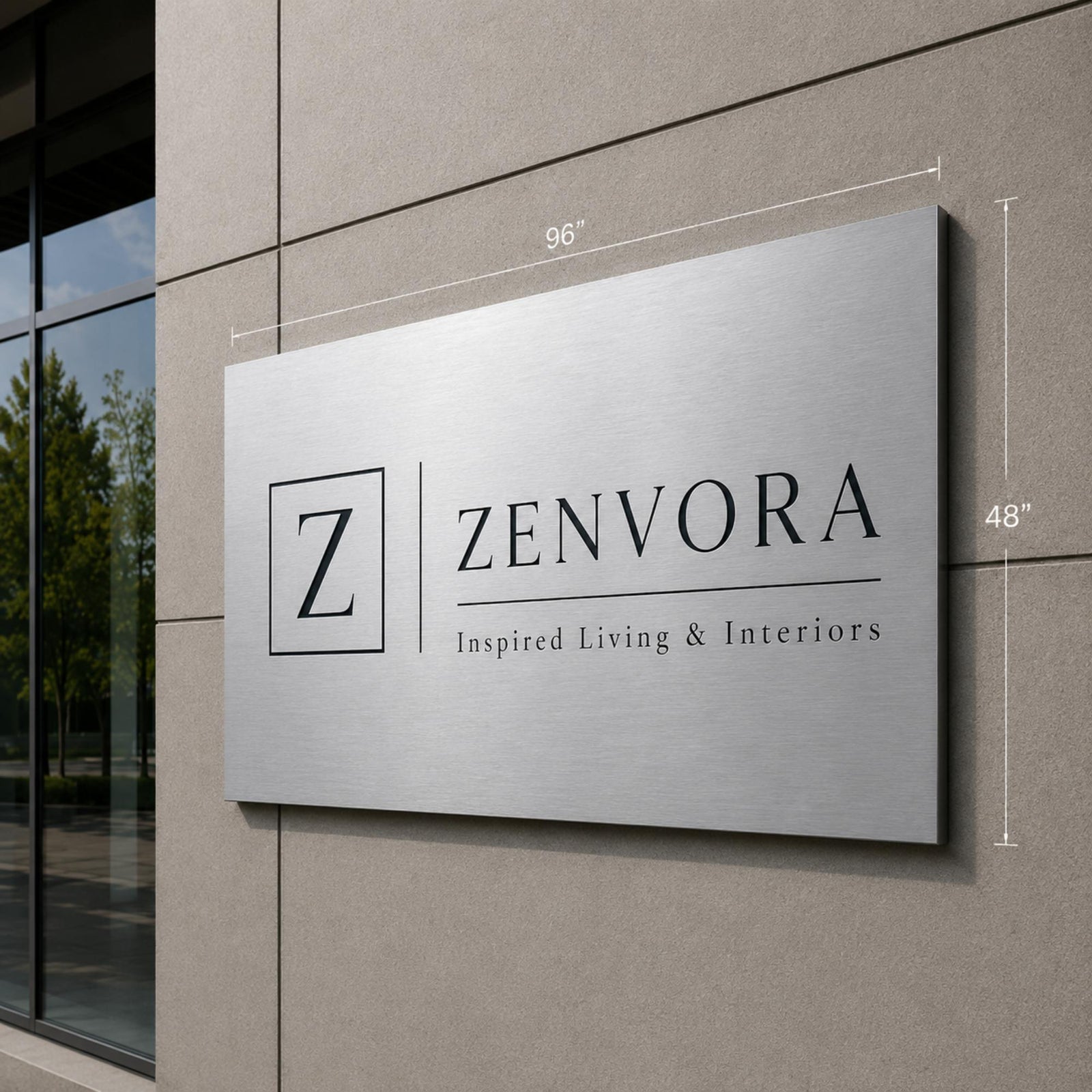 Oversized brushed aluminum Zenvora office sign with modern business logo and dimensions displayed on exterior wall