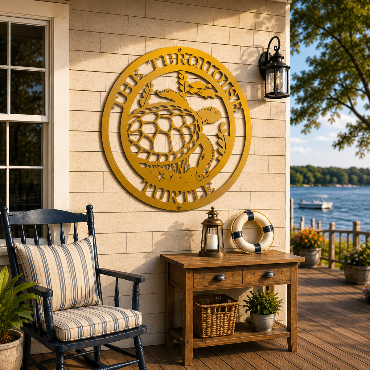 Yellow sea turtle metal wall art mounted on lakeside porch with nautical furniture and outdoor coastal decor