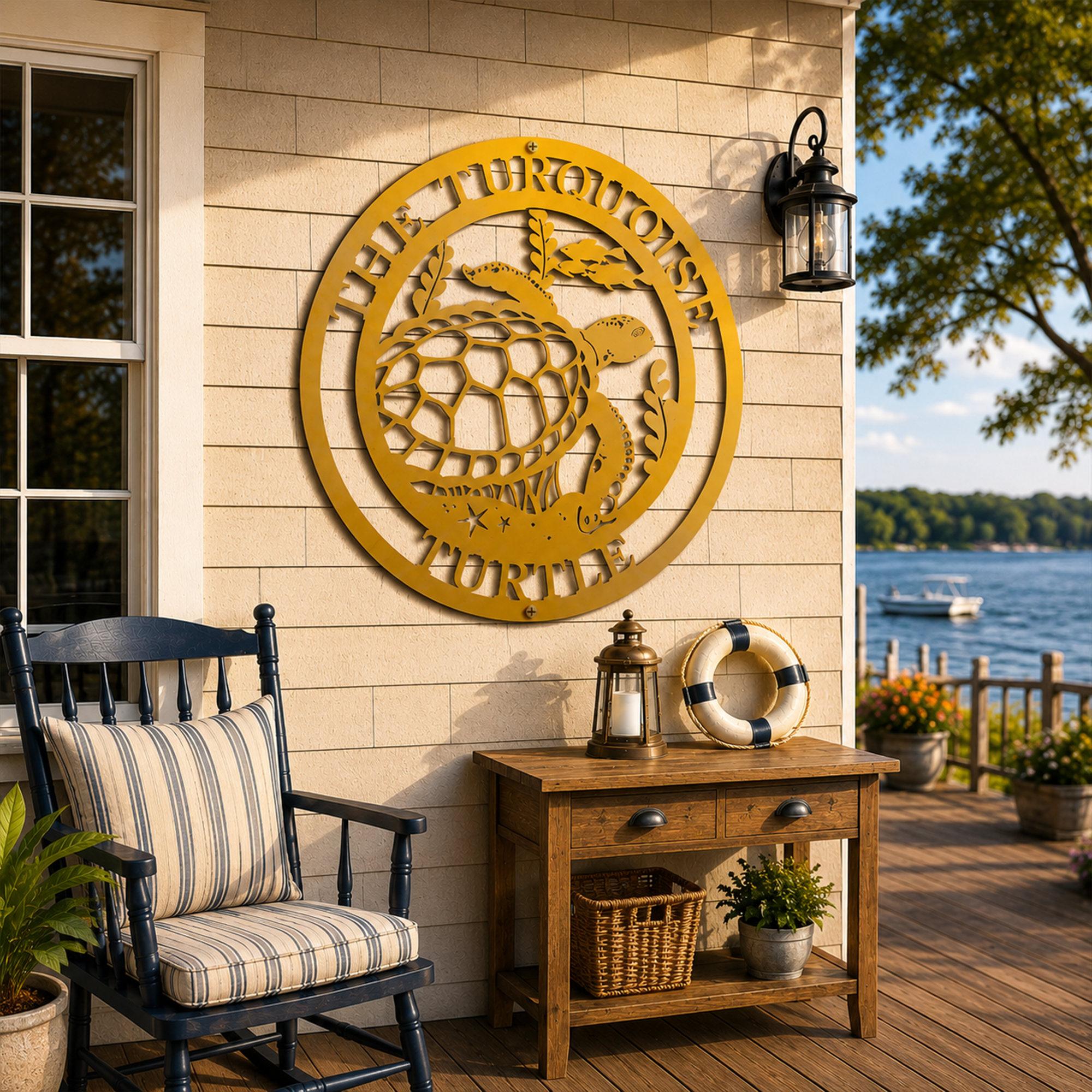 Yellow sea turtle metal wall art mounted on lakeside porch with nautical furniture and outdoor coastal decor