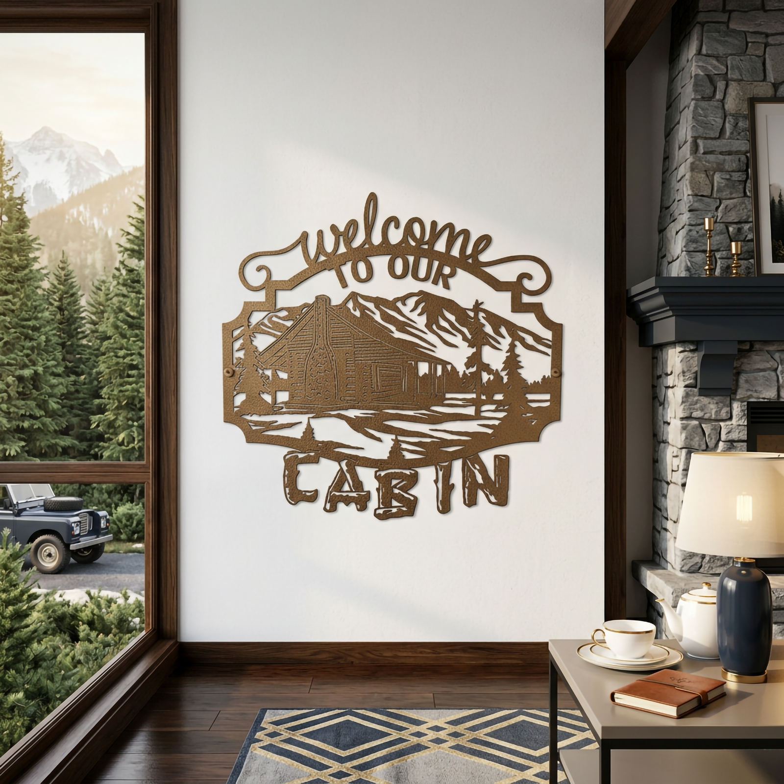 Dark bronze welcome to our cabin metal wall sign with detailed cabin and mountain design displayed on a rustic porch