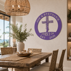 Lilac purple custom metal round sign featuring a floral cross, the names Joe & Stephanie, and John 3:16, displayed on a beige wall in a dining room.