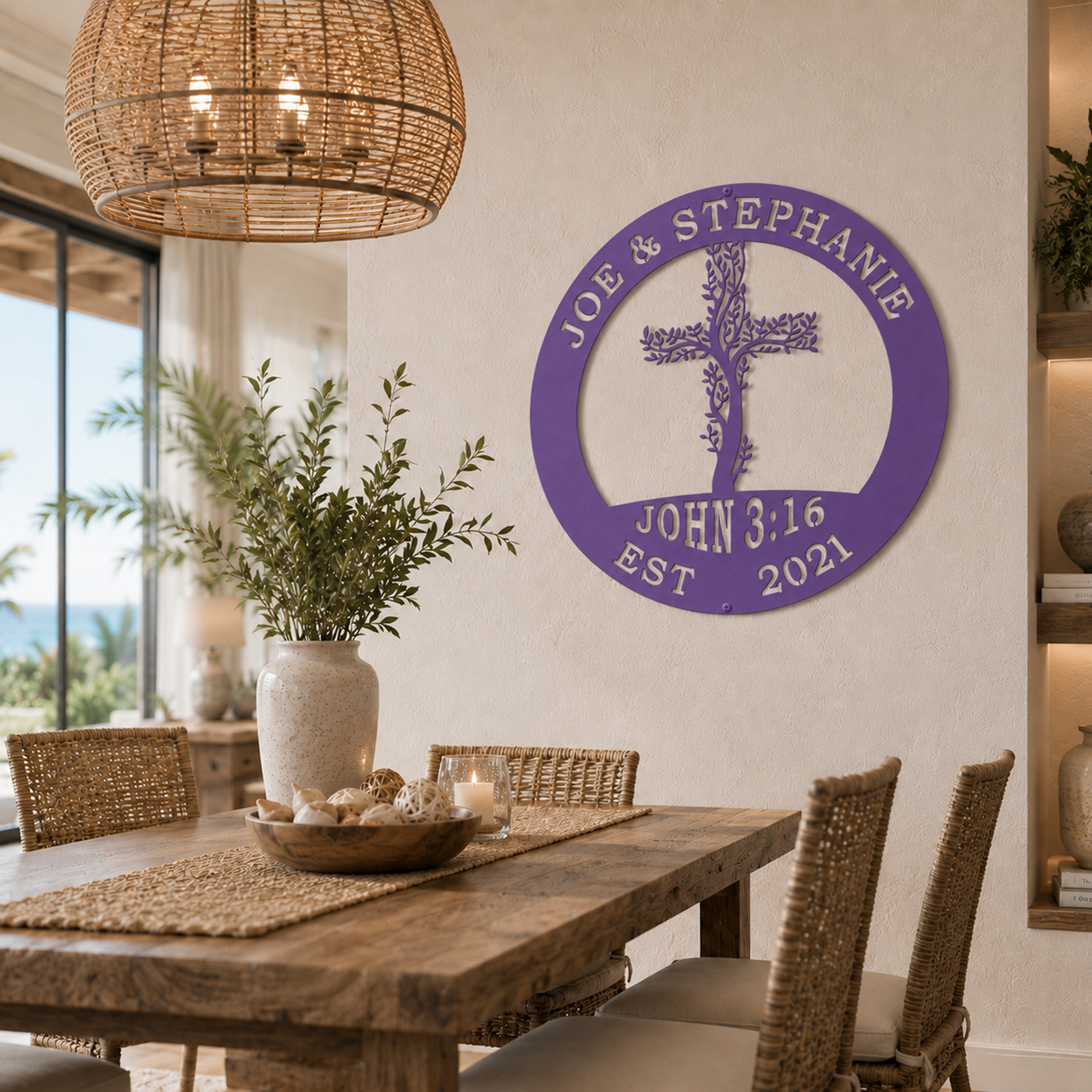 Lilac purple custom metal round sign featuring a floral cross, the names Joe & Stephanie, and John 3:16, displayed on a beige wall in a dining room.
