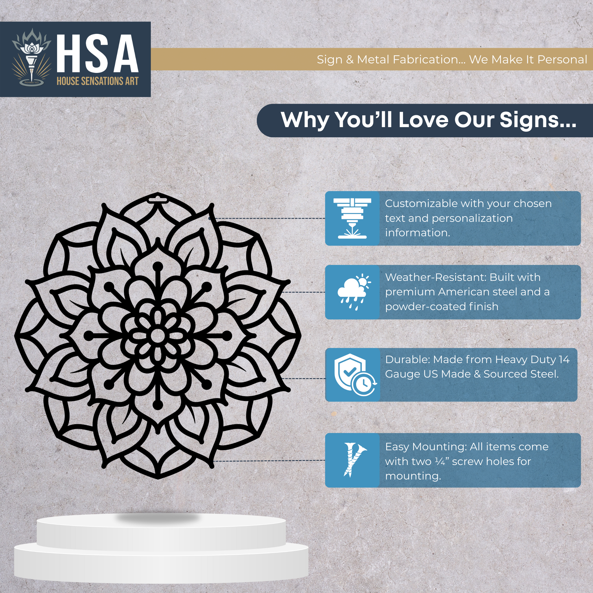 Lotus mandala metal wall art with HSA branding, custom powder coated front door décor, “Love Our Signs” product features display, modern farmhouse metal sign design on gray background