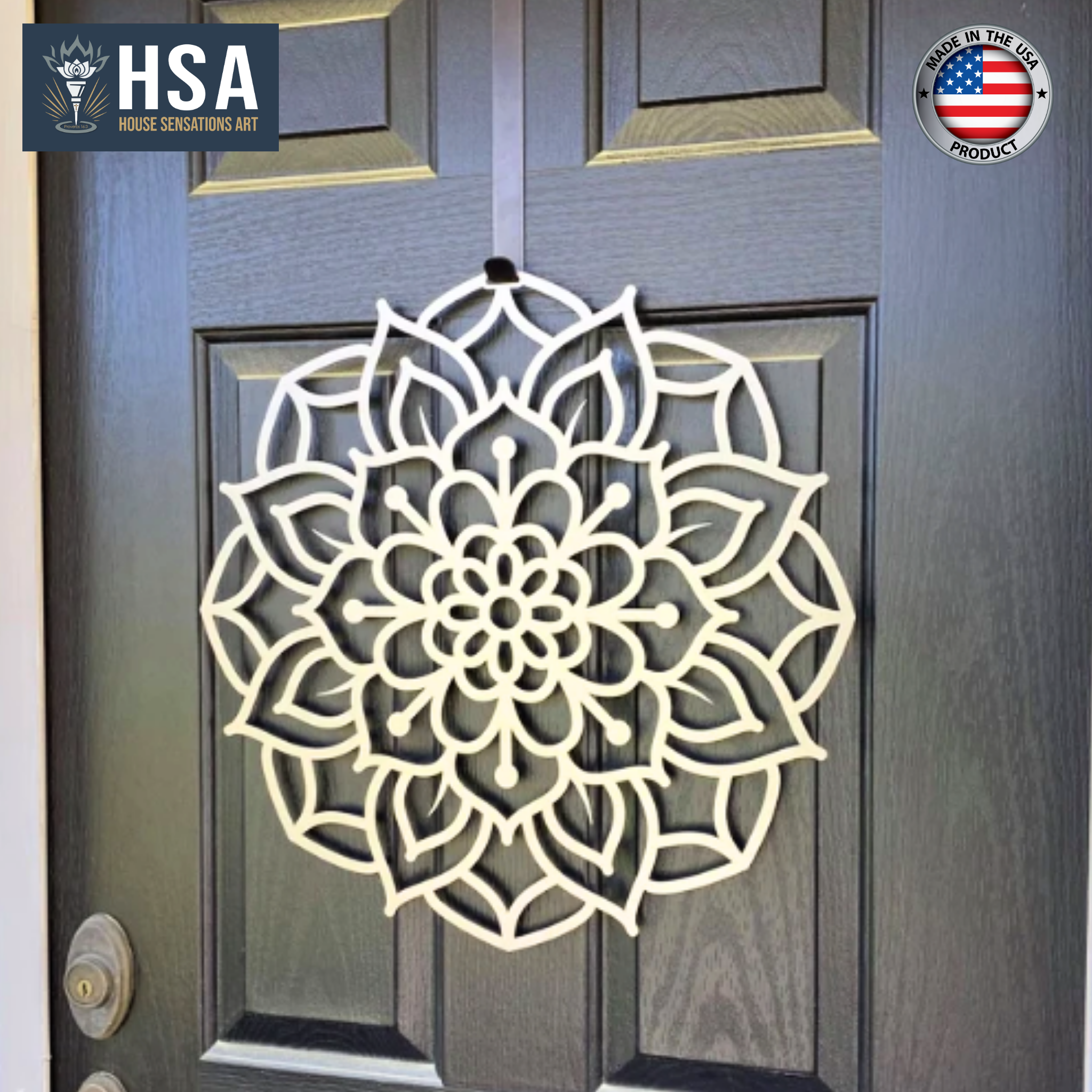 Lotus mandala metal door wreath on dark gray door, floral cut-out design, custom powder coated front door décor, farmhouse entry welcome wall art with HSA logo
