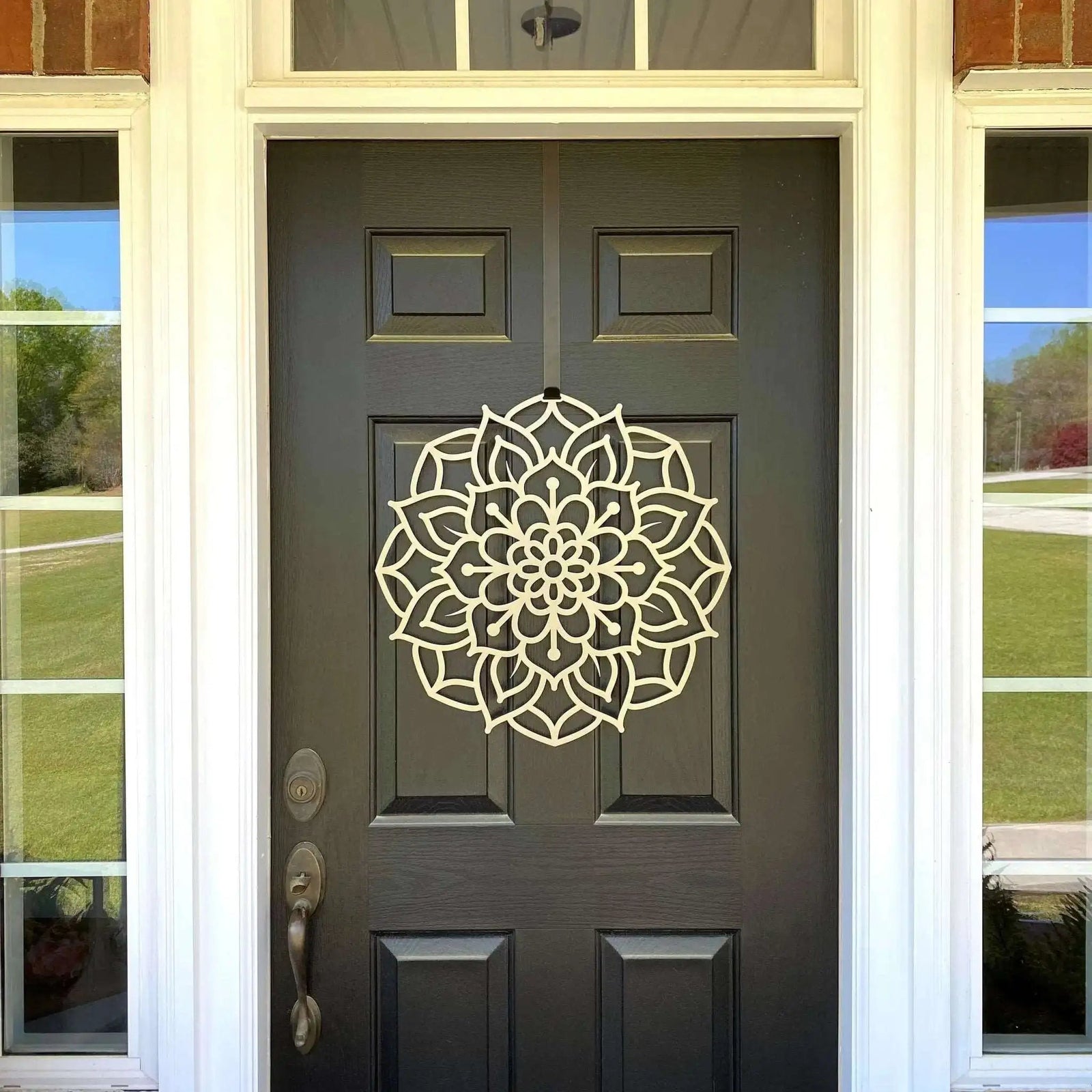 Lotus mandala metal door wreath on gray front door with glass panels, custom powder coated farmhouse entry décor, elegant front door metal wall art sign design