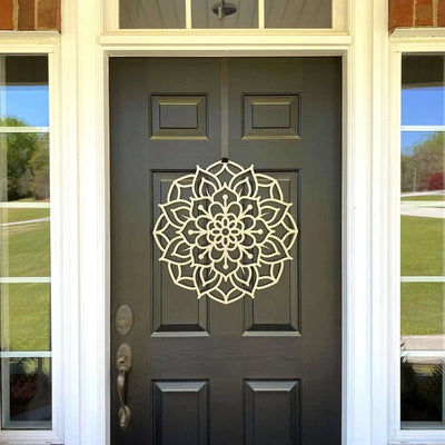 Lotus mandala metal door wreath on gray front door with glass panels, custom powder coated farmhouse entry décor, elegant front door metal wall art sign design