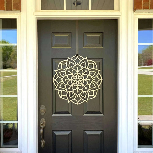 Lotus mandala metal door wreath on gray front door with glass panels, custom powder coated farmhouse entry décor, elegant front door metal wall art sign design
