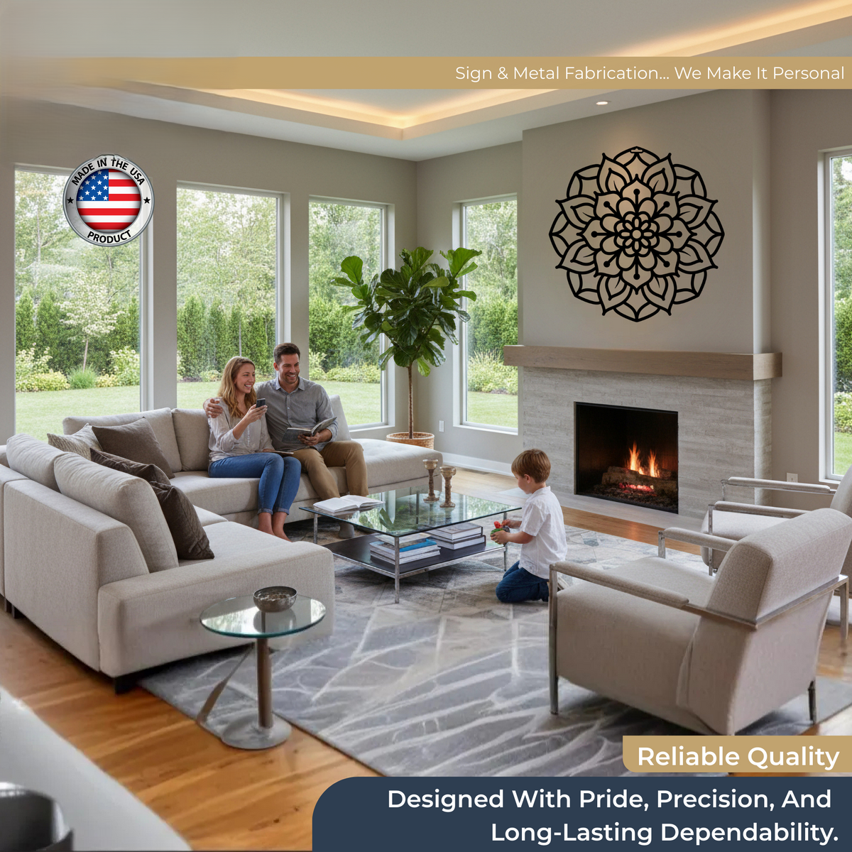 Lotus mandala metal fireplace wall decor displayed in modern living room with reliable quality and long lasting design