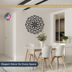 Lotus mandala metal wall decor displayed in modern dining room as elegant indoor wall art made in USA