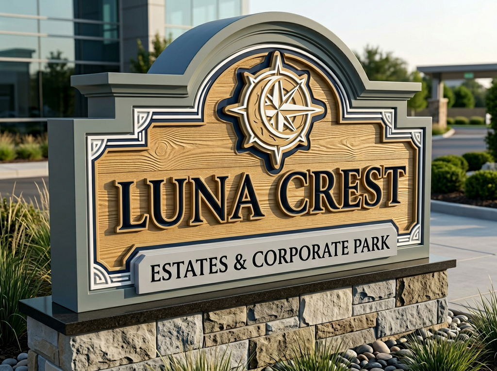 Custom Luna Crest estates and corporate park monument sign with faux wood grain texture dimensional lettering and stone base