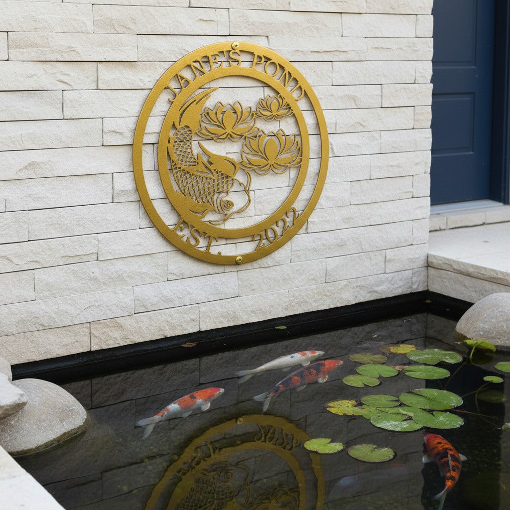 A gold-colored circular metal sign with a koi fish motif reading "Jane's Pond Est. 2022," mounted on a light stacked-stone wall directly above a backyard pond with swimming koi.