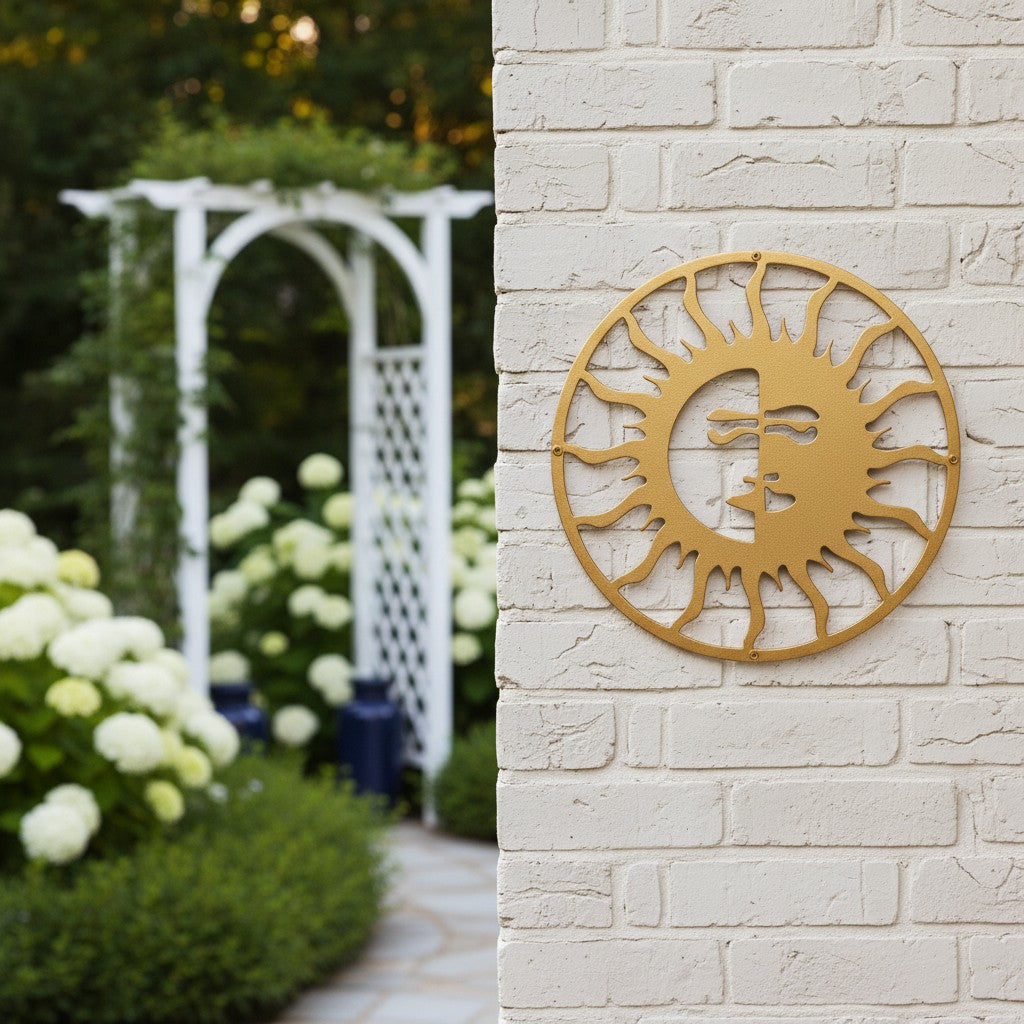 A gold circular metal sun face plaque mounted on the corner of a white brick wall, overlooking a garden path with a white decorative trellis in the background.