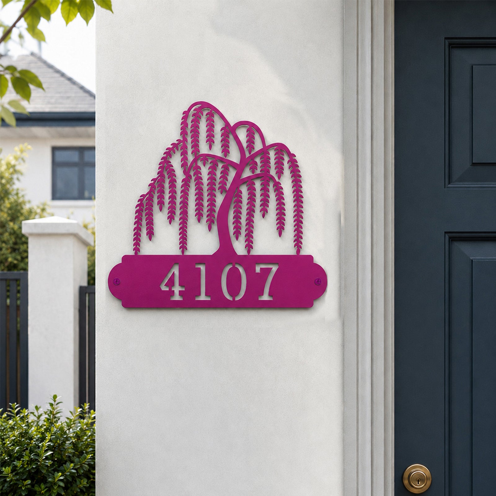 Personalized magenta willow tree metal house number sign mounted beside modern front door entrance