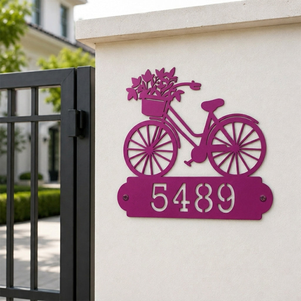 Personalized Metal Address Sign with Vintage Bicycle House Number Design