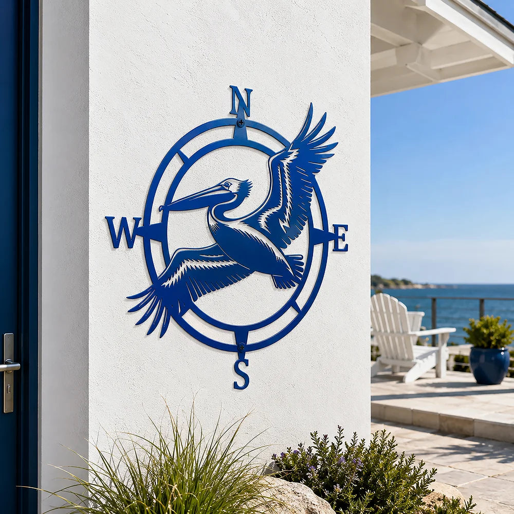 Blue Heron Compass Art – Coastal Metal Wall Decor | Weather Resistant Outdoor Sign