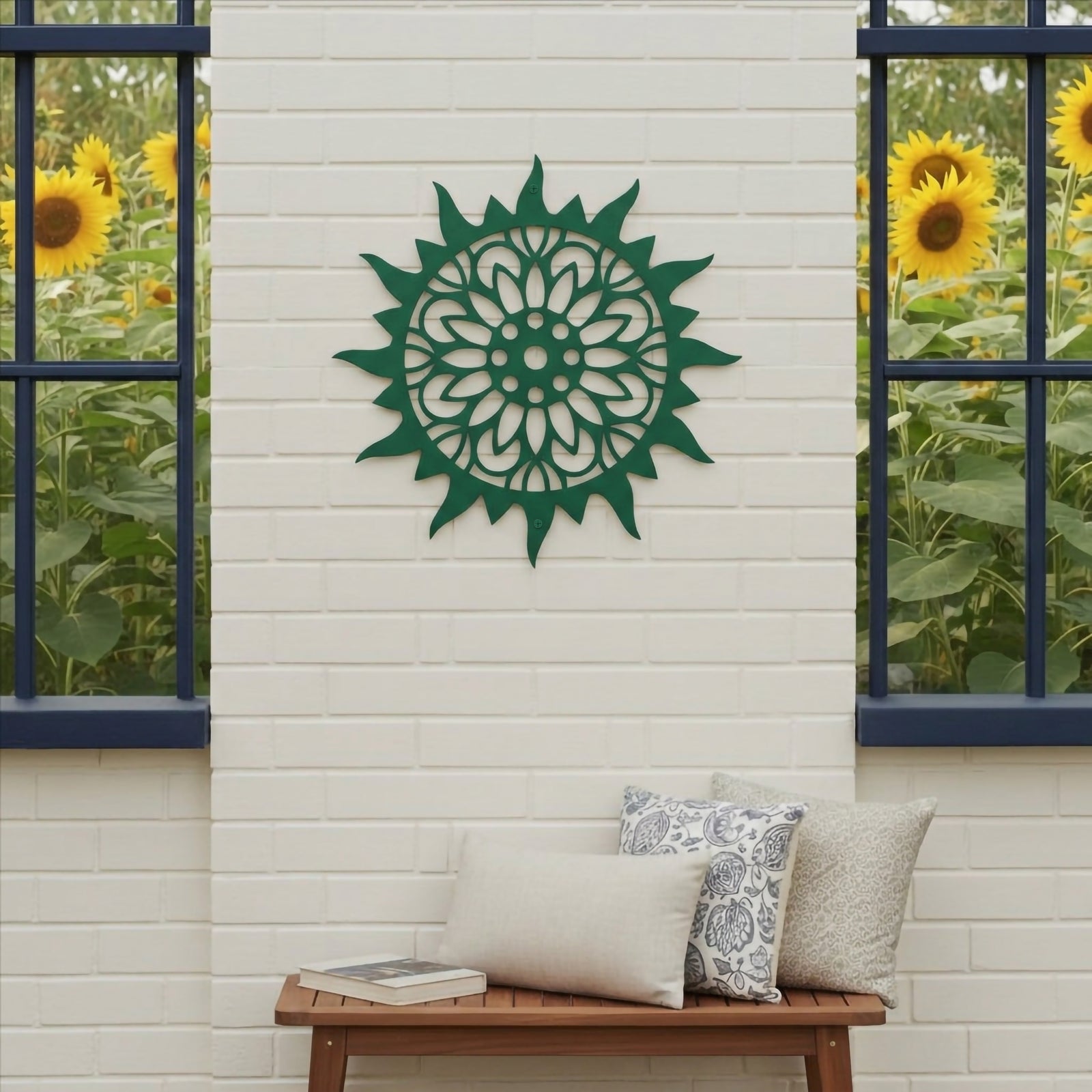 A dark green circular metal sun medallion mounted on a white brick exterior wall, positioned above a wooden patio bench with patterned pillows between two windows showing sunflowers.