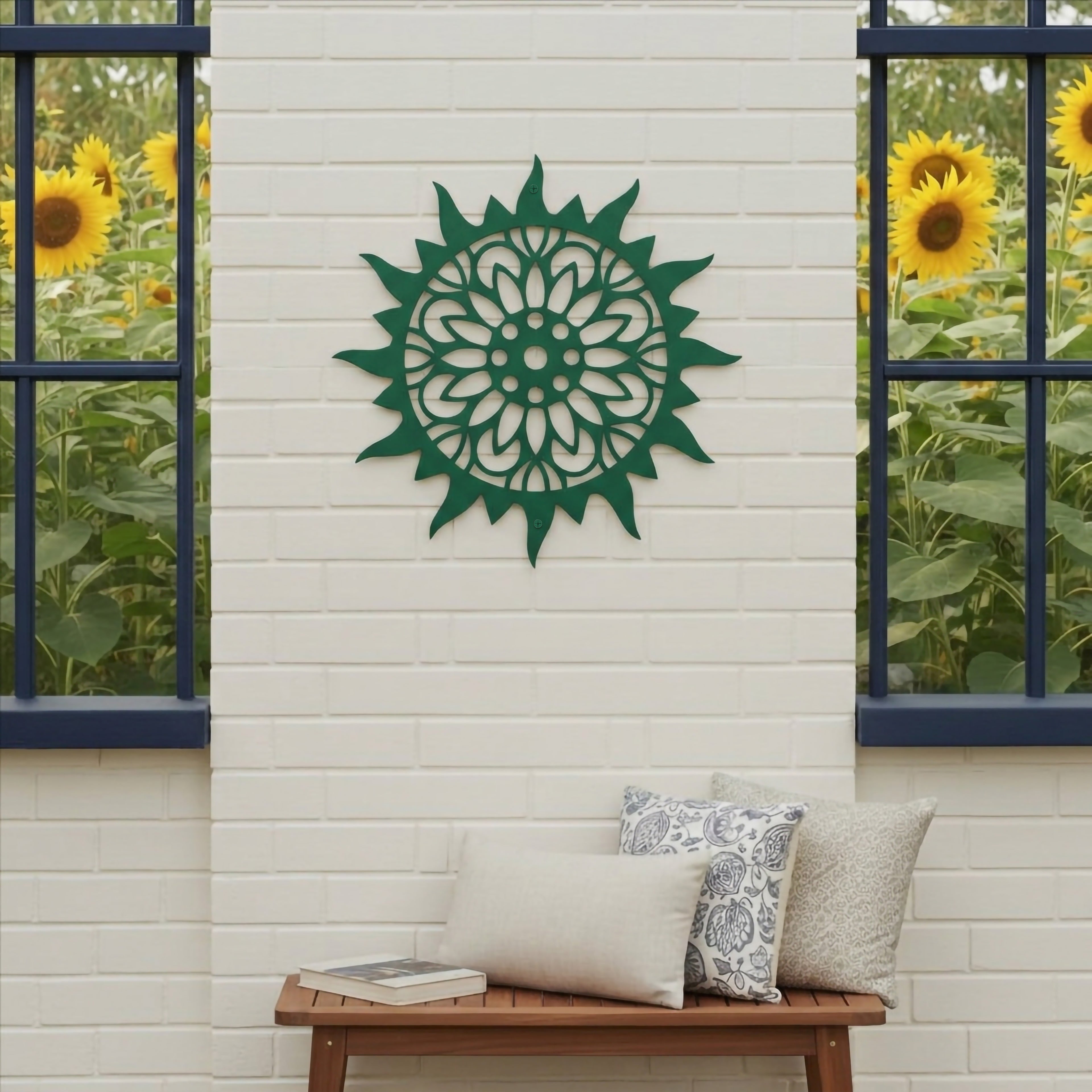A dark green circular metal sun medallion mounted on a white brick exterior wall, positioned above a wooden patio bench with patterned pillows between two windows showing sunflowers.